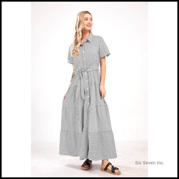 Casual Short Sleeve Button Down Tie Waist Ruffled Maxi Shirt Dress - Picture 6 of 7